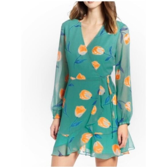 All In Favor Wrap Mini Dress Womens S Green Floral Long Sleeve Feminine Flirty - Picture 2 of 14